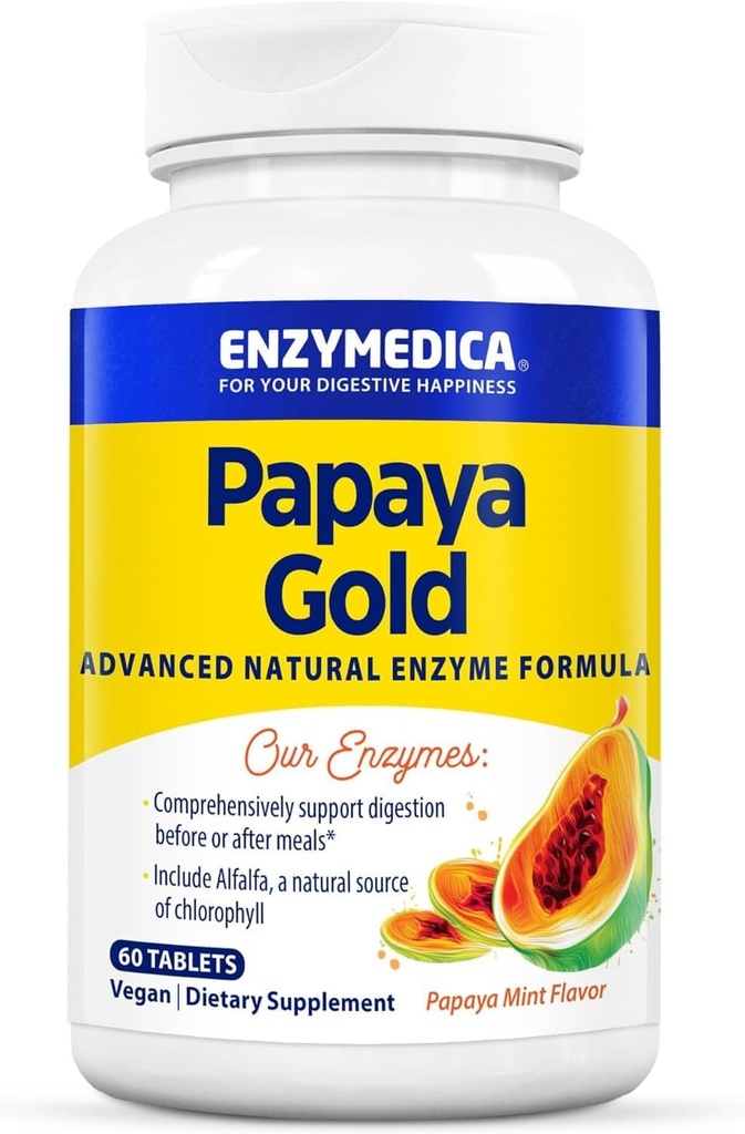 Enzymedica Papaya Gold, enzymes digestives avancées avec la papaye biologique naturelle et la chlorophylle pour un support de digestion complet, bromélain haute puissance et papaine, végétalien, menthe, 60 comprimés à croquer