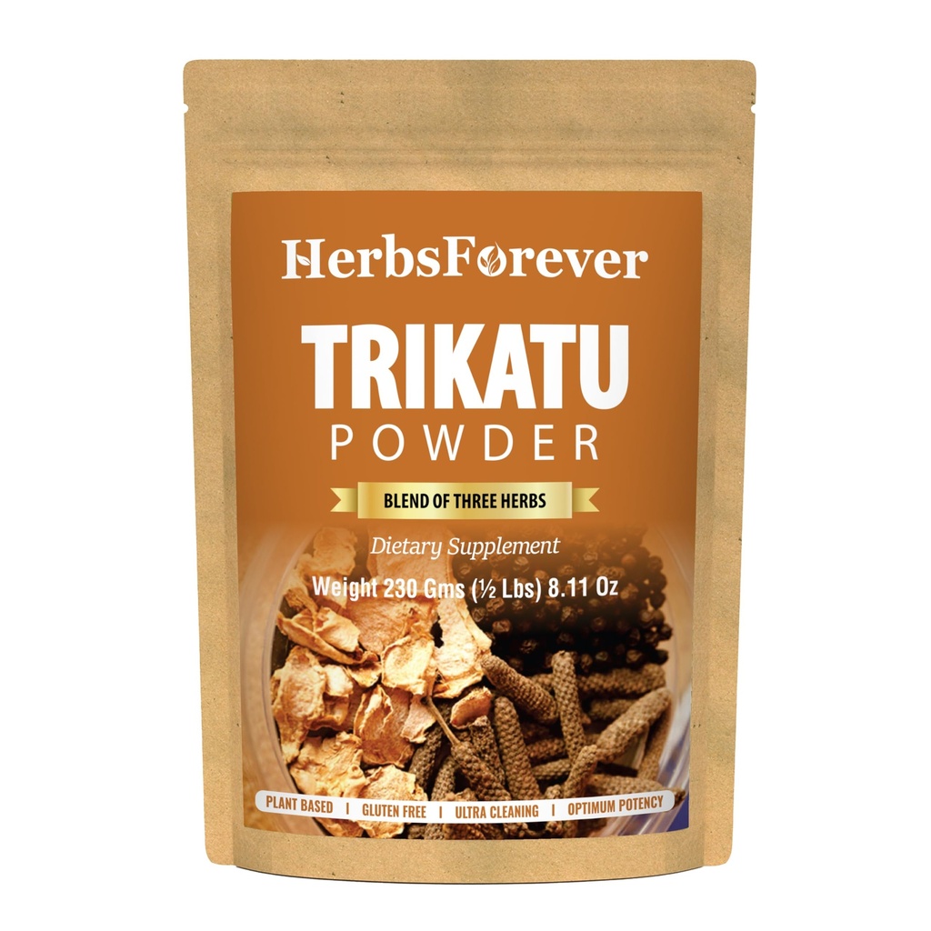 HerbsForever Trikatu Poudre de Churna – Mélange ayurvédique à base de plantes pour le soutien digestif et l'équilibre de la vata, non-OGM, végétalien, 230g