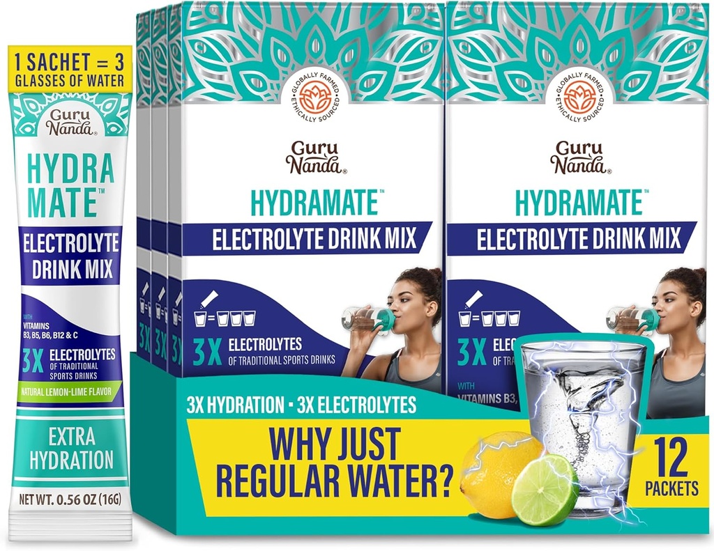 GuruNanda Hydramate Mélange de boissons de soutien à l'hydratation - Paquets de poudre d'électrolyte pour déshydratation, exercice et énergie - Pas d'édulcorants ajoutés, non-OGM, Lime Lime naturel - 12 Comte (0,56 oz chacun)