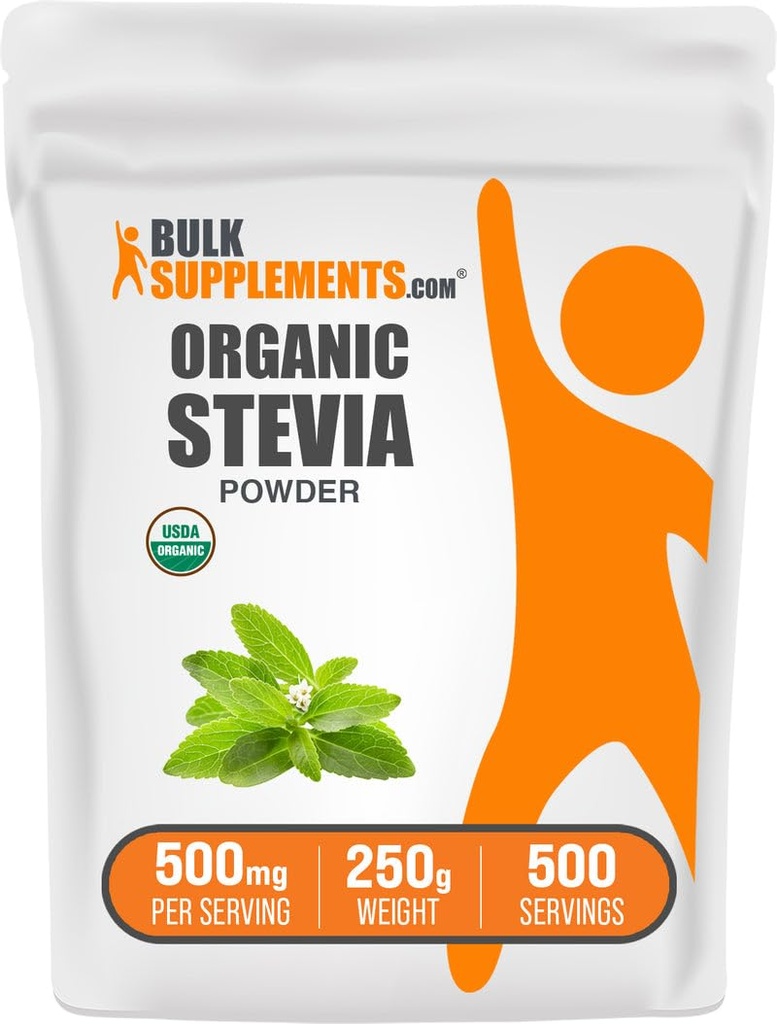 BulkSupplements.com Poudre de Stevia biologique - édulcorant pur, provenant de feuilles de Stevia, supplément à base de plantes - végétalien et sans gluten, 500mg par portion, 250g (8,8 oz) (paquet de 1)