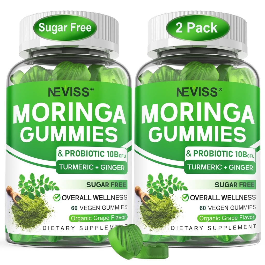 Moringa Gommies pour femmes hommes avec/probiotique gingembre curcuma Ceylan cannelle, sans sucre, bio Moringa capsules en poudre Alternatives, pur Moringa feuilles vert Superfood supplément - végétalien, 120Cts