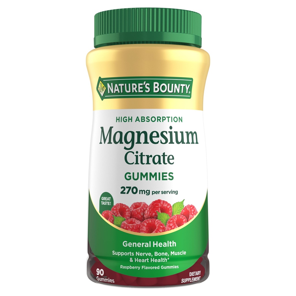 Nature's Bounty Magnesium Citrate Gummies pour adultes, soutient la santé générale, os, Nerve, Muscle & Heart Health Support, 270mg par service, végétalien, non-OGM - framboise 90 Compte