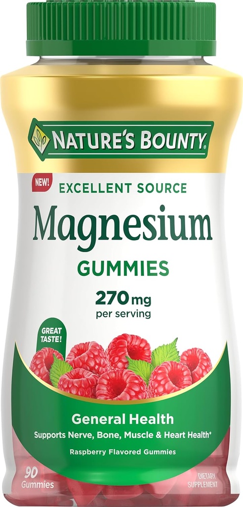 Nature's Bounty Magnesium Citrate Gummies pour adultes, soutient la santé générale, os, Nerve, Muscle & Heart Health Support, 270mg par service, végétalien, non-OGM - framboise 90 Comte