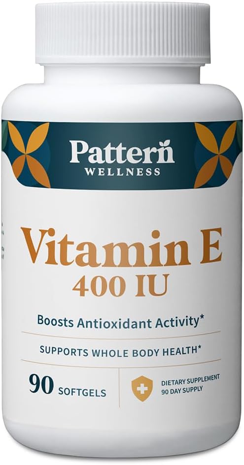 Pattern Wellness Supplément Vitamine E 400 UI - stimule l'activité antioxydante - soutient la santé du corps entier - lutte contre les dommages cellulaires - test 3rd Party Lab - 90 gels doux