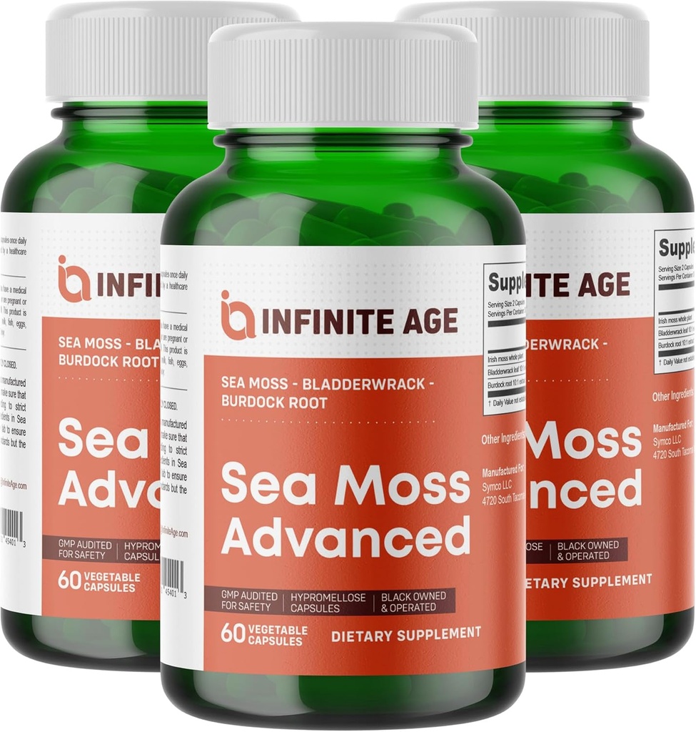 Infinite Age 3 Pack de 1250mg Sea Moss Advanced Superfood Capsules, 180 Compte - High-Potency, Vegan, Fabriqué aux Etats-Unis - Irish Seamoss, Bladderwrack, Burdock Root - Santé globale, Immunity Support