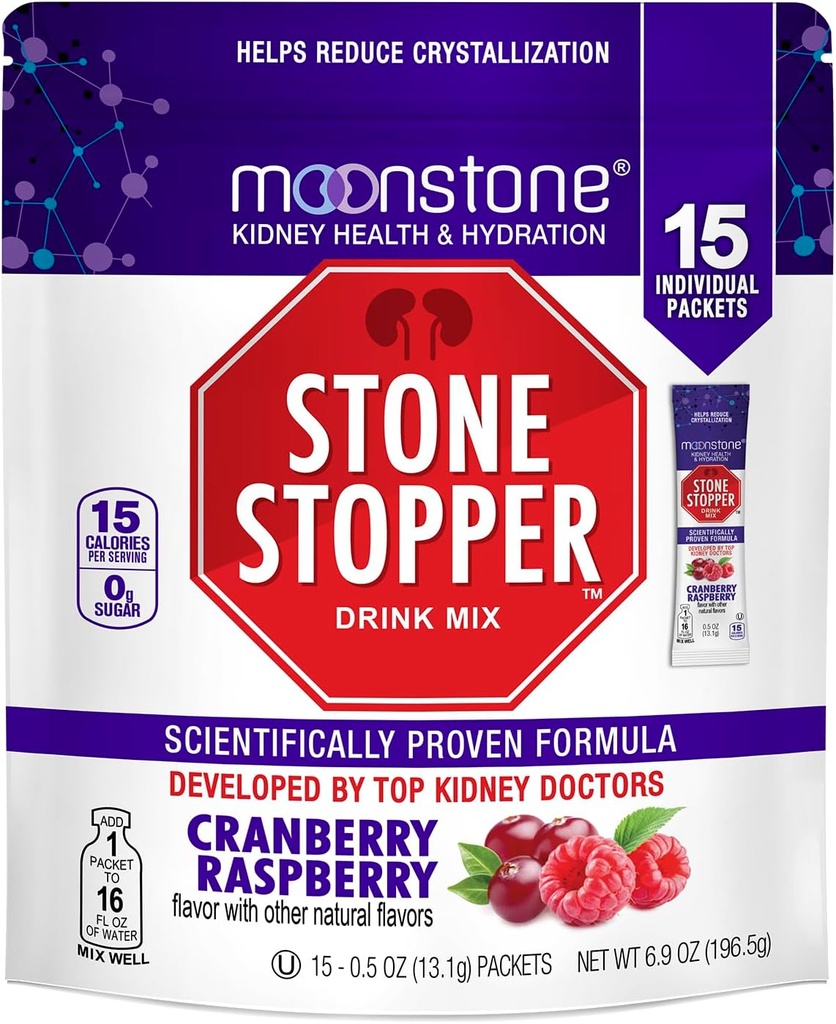 Moonstone Stone Stopper Drink Mix, framboise aux canneberges, prévention de la pierre de rein, protecteur d'oxalate de calcium, développé par les urologues pour améliorer l'hydratation et soutenir la santé rénale, 15 jours d'approvisionnement