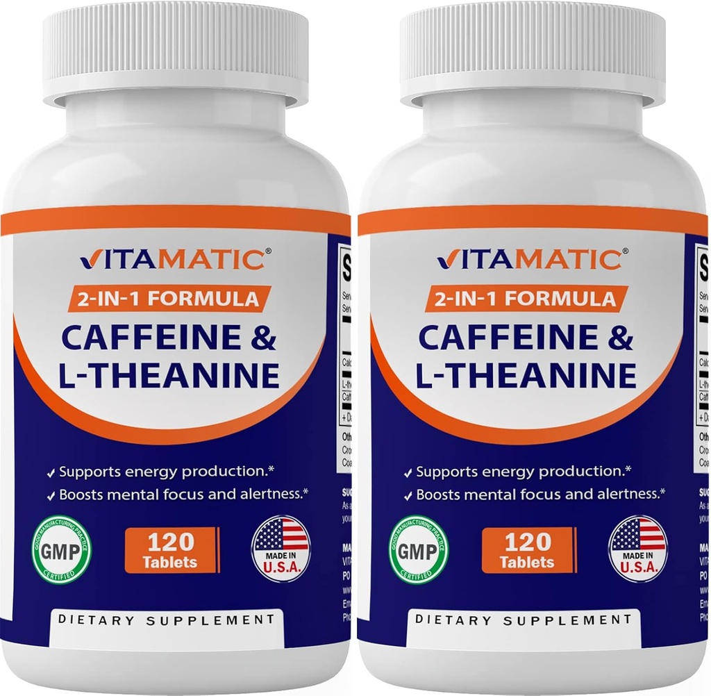 Pilules de caféine vitamatique avec L-Theanine – 300 mg par comprimé – 120 comprimés végétariens (paquet de 2, Total 240 comprimés)