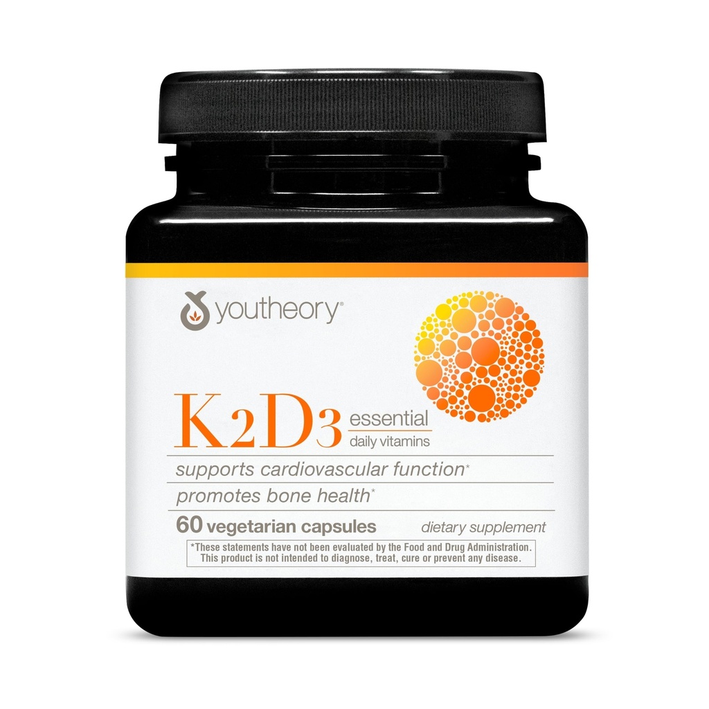 Youtheory K2D3 - Soutien à la santé des os et du coeur - Combine vitamine D3 et vitamine K2 - Sans lait, sans soja et sans gluten - 60 capsules végétariennes