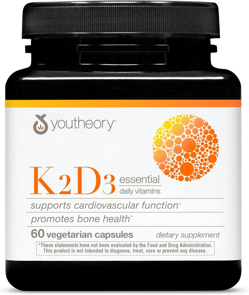 Youtheory K2D3 - Soutien à la santé des os et du coeur* - Combine vitamine D3 et vitamine K2 - Sans lait, sans soja et sans gluten - 60 capsules végétariennes