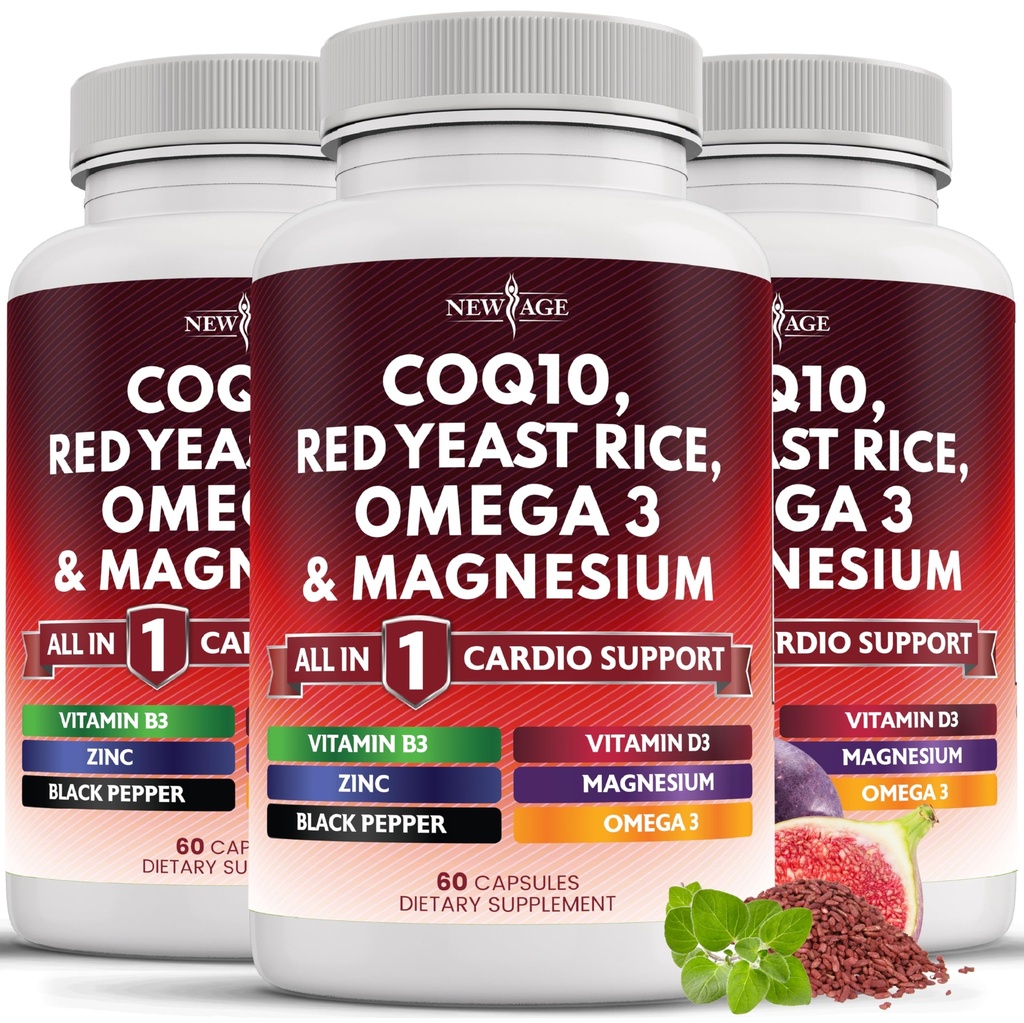 NEW AGE COQ10 200mg Red Yeast Riz Omega 3-6-9 Complexe de magnésium Zinc Vitamine K2 D3 - Soutien Vitamines pour les femmes et les hommes avec la vitamine B3, Coenzyme Q10-180 Compte