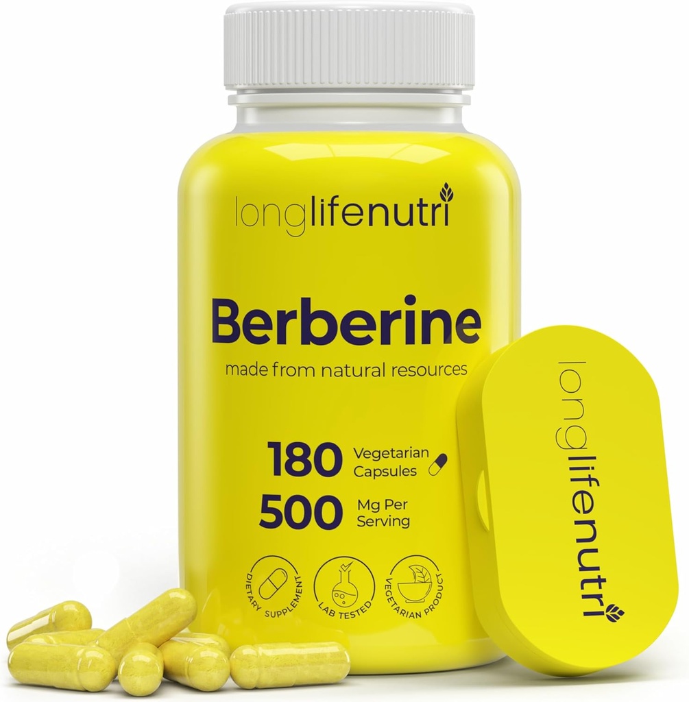 Extrait de Berberine 500mg HCL – de Berberis Aristata Vulgaris, 180 capsules végétariennes, supplément digestif pour le bien-être global, 6-Mois d'approvisionnement, non-OGM, 1000mg par service, GMP certifié, USA Made