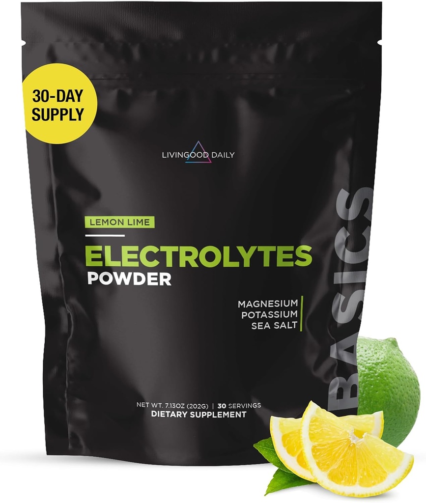 Livingood quotidien électrolytes poudre, électrolytes boisson d'hydratation mélange avec la vitamine C, Magnésium, Taurine et sel de mer, supplément d'électrolyte pour l'énergie et l'hydratation, Keto, citron Lime Saveur, 30 portions