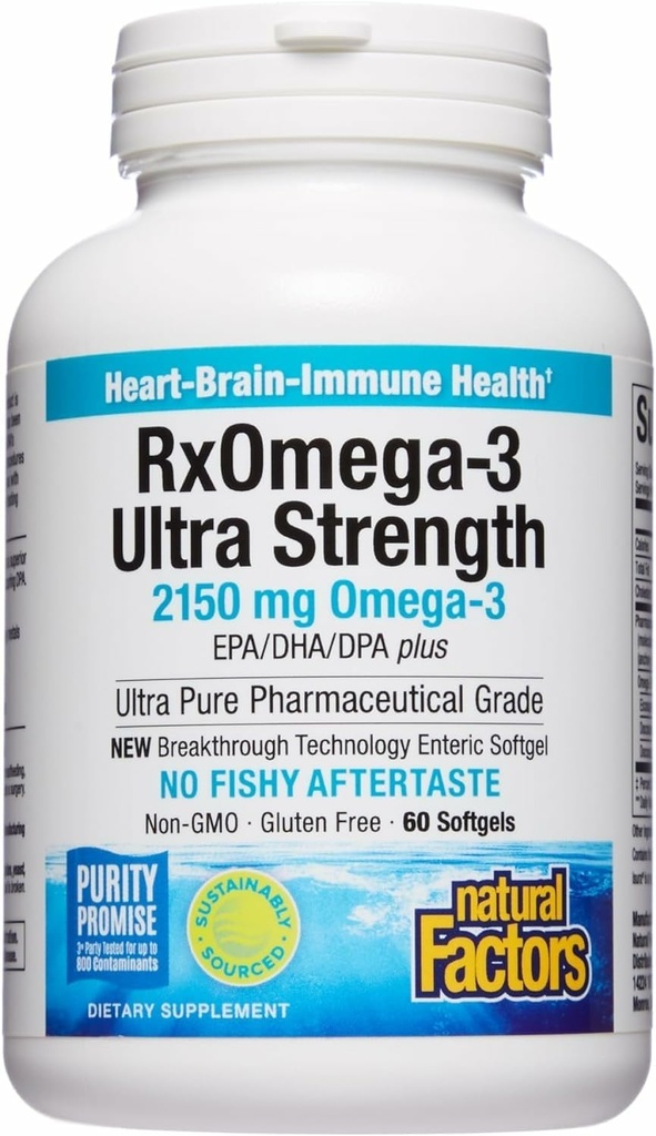 Facteurs naturels RxOmega-3 Ultra Strength - Supplément diététique pour la santé du cerveau et du coeur - Supplément santé oculaire avec EPA et DHA - Supplément avec acides gras oméga-3 - 60 Softgels (30 portions)