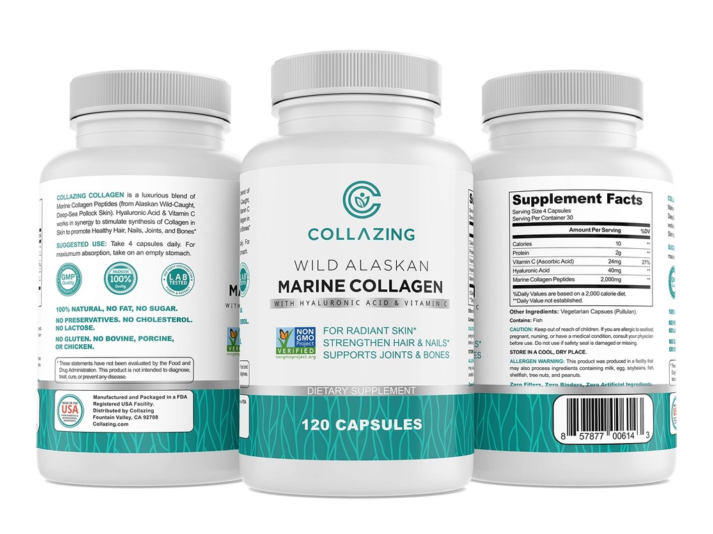 Peptides de collagène marin sauvage d'Alaska avec acide hyaluronique et vitamine C - Supporte la peau, les cheveux, les ongles, les articulations et les os - Collagène de type 1 et 3 pour les femmes et les hommes - 120 capsules en poudre