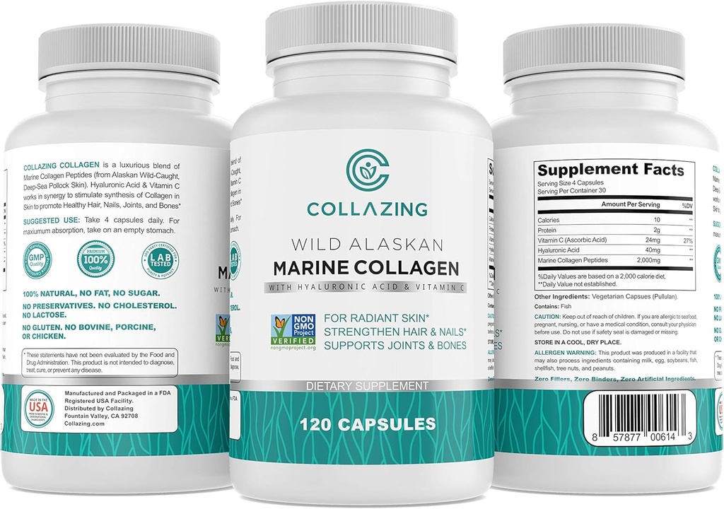 Peptides de collagène marin sauvage d'Alaska avec acide hyaluronique et vitamine C - Supporte la peau, les cheveux, les ongles, les articulations et les os - Collagène de type 1 et 3 pour les femmes et les hommes - 120 capsules en poudre