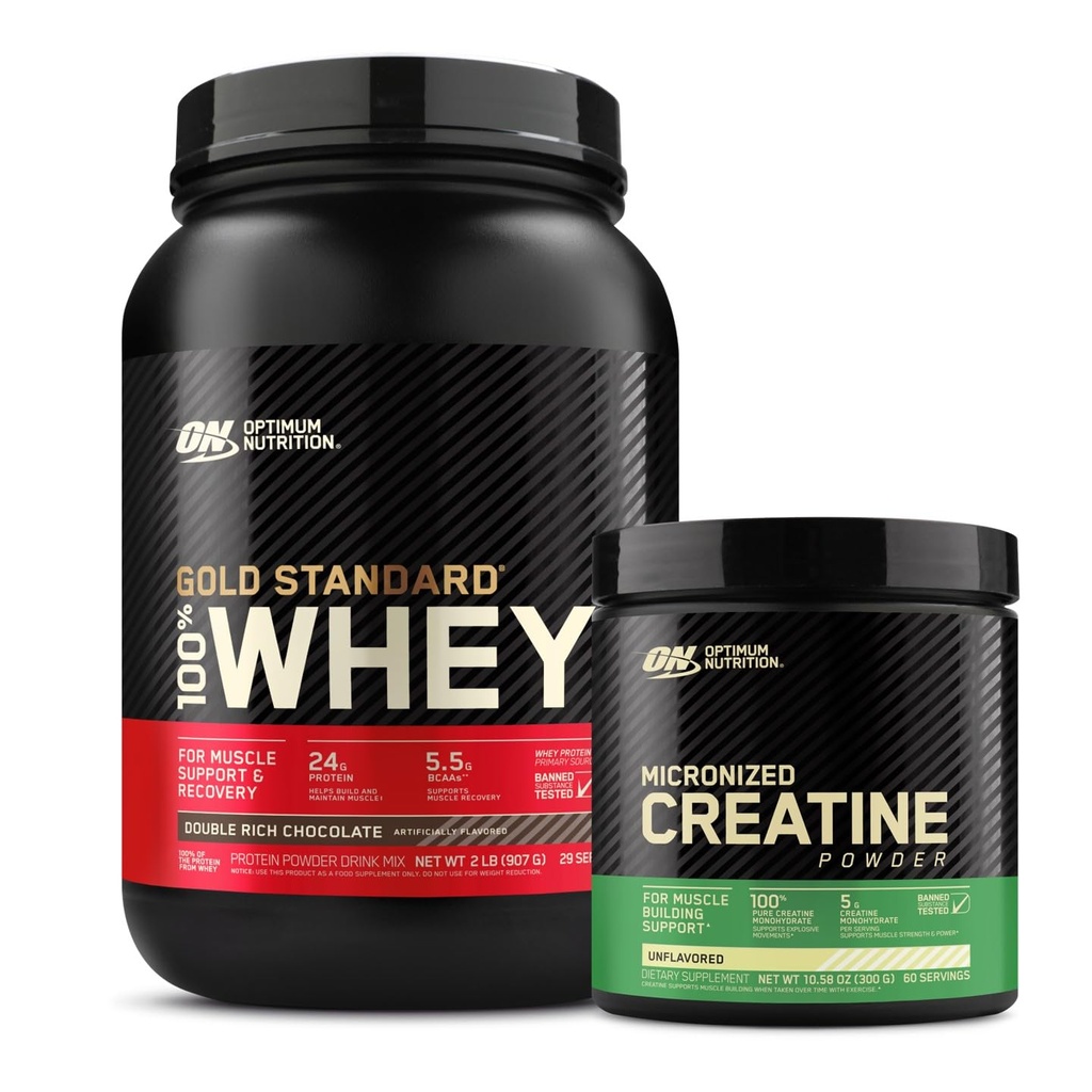 Optimum Nutrition ON Or Standard 100% Whey Protein Primary Source Isolate - Double Rich Chocolat, 2 Lbs + ON Micronized Creatine Poudre monohydratée - Non aromatisée, 300 Grams