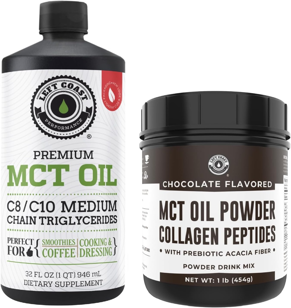 Performance de la côte gauche 100% noix de coco MCT huile liquide, 32 oz + chocolat Kéto MCT poudre, collagène et fibre prébiotique, 16 oz