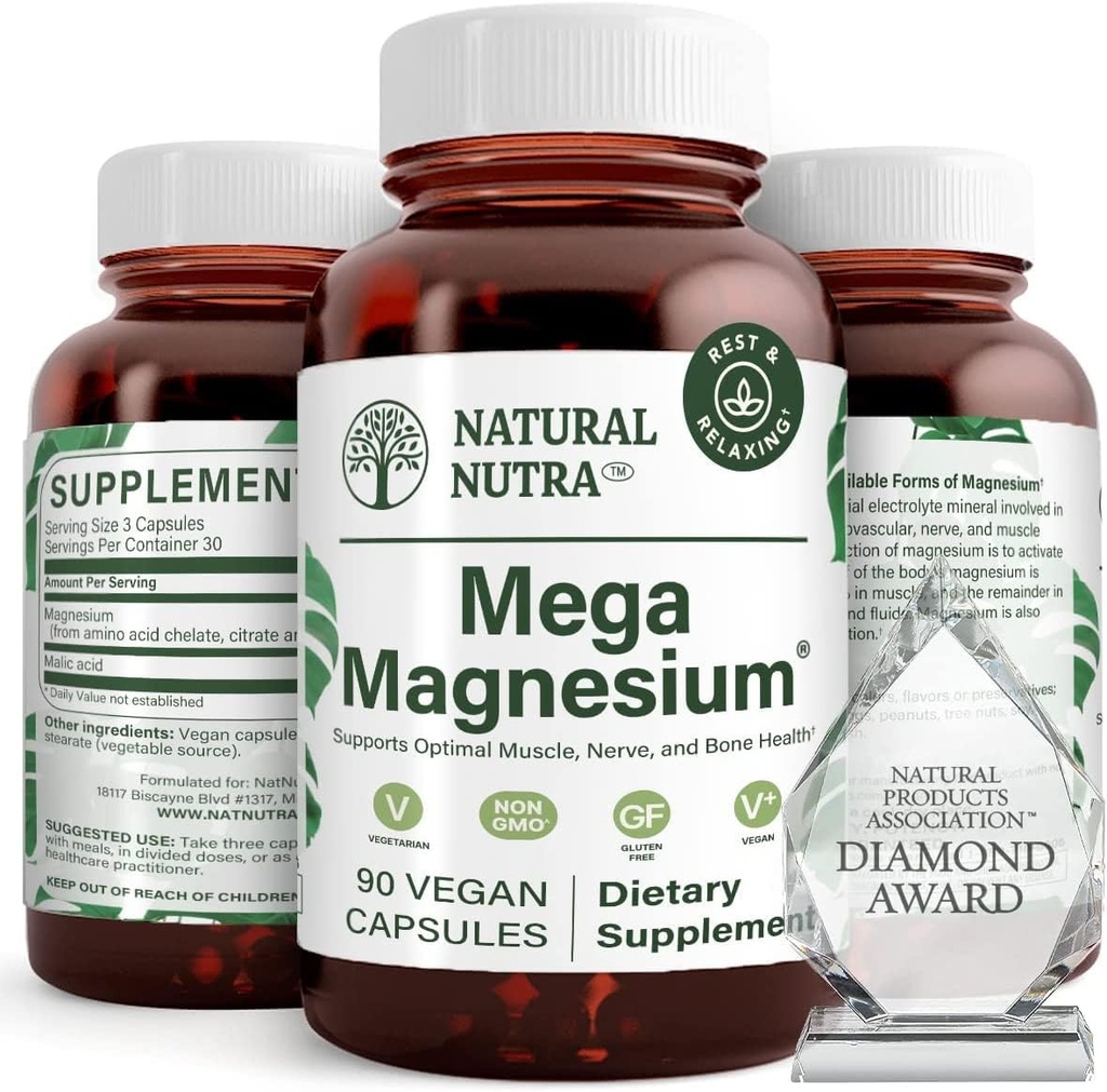 Supplément naturel Nutra Mega Magnésium 400mg - chélate d'acide amino à haute absorption, citrate, mélange de malate pour la croissance musculaire, la force osseuse, la santé cardiaque, support nerveux - 90 Capsules (paquet de 3)