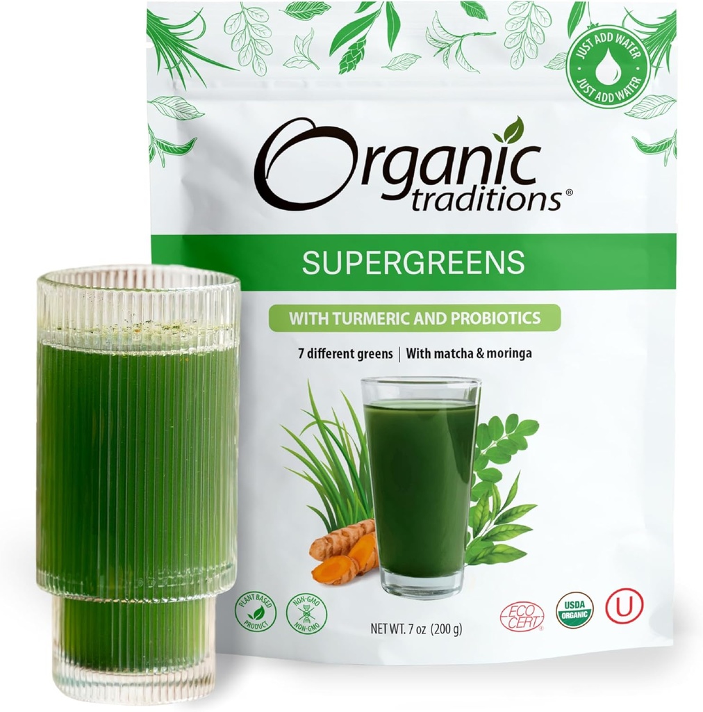 Bio Traditions Super Greens Poudre Superfood avec Turmeric, Bio Greens Poudre Superfood, 200g / 7oz Sac