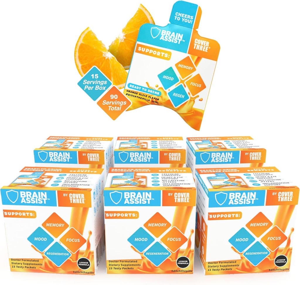 Couvrez trois suppléments Cerveau d'Assistance Cerveau, supplément de Focus Nutritionnel avec Curcumine, Uridine, Formule de Soutien Cerveau Liquide de Tranche Orange, Suppléments Mémoire haute performance (6 boîtes)