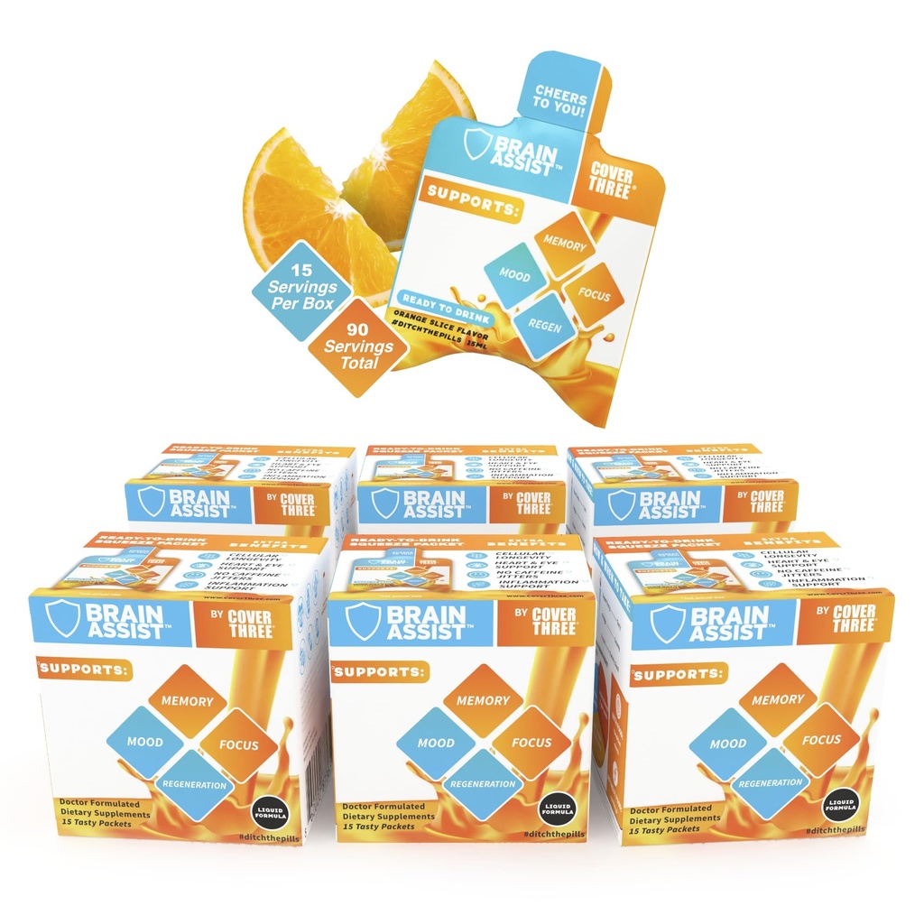Couvrez trois suppléments Cerveau d'Assistance Cerveau, supplément de Focus Nutritionnel avec Curcumine, Uridine, Formule de Soutien Cerveau Liquide de Tranche Orange, Suppléments Mémoire haute performance (6 boîtes)