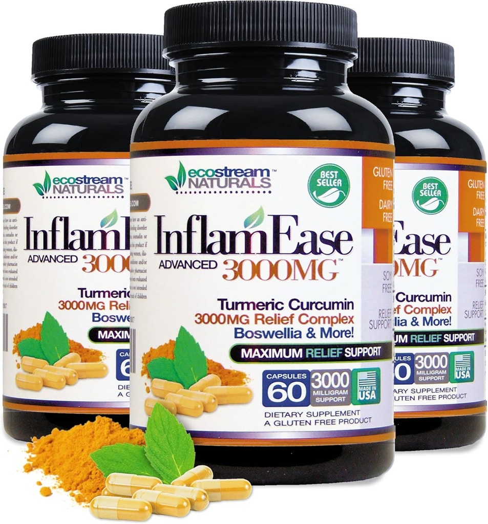 Pack de 3 - InflamEase Naturelle Avancée avec Turmère, Curcumine, Enzymes et Boswellia - Végétarien (Emballage May Vary)