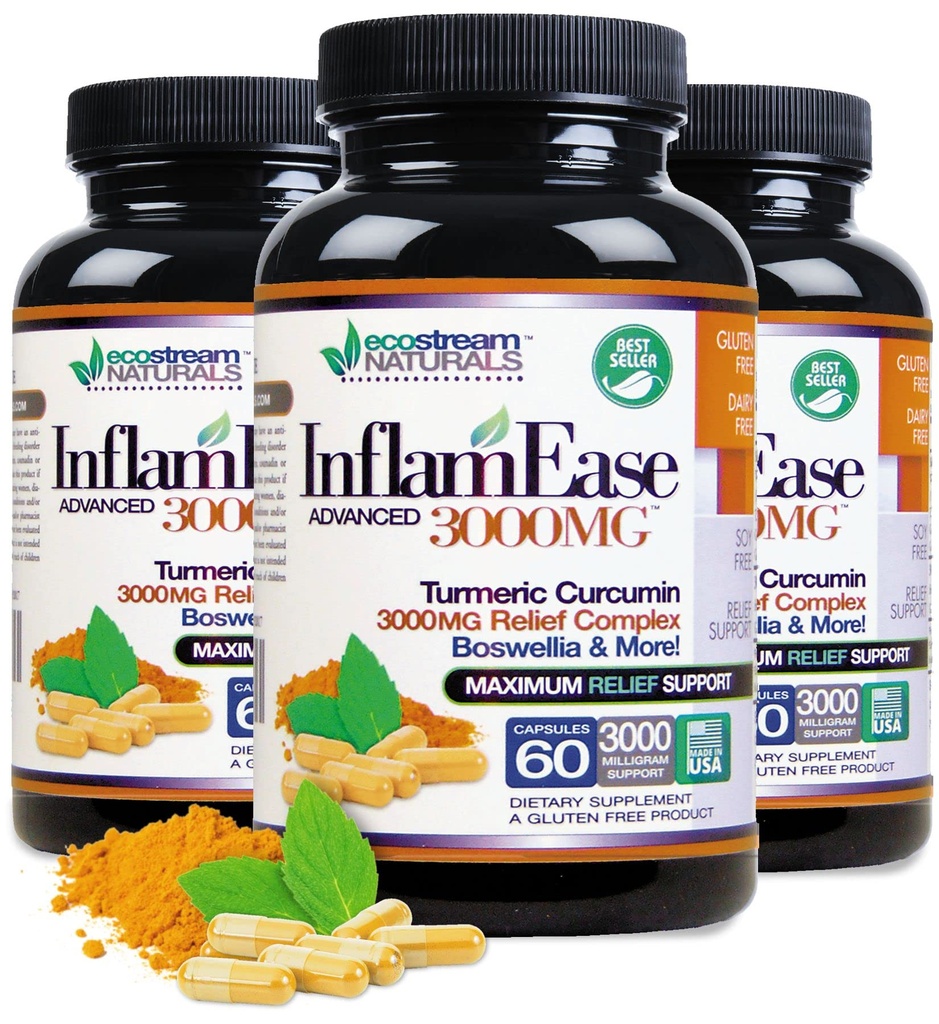 Pack de 3 - InflamEase Naturelle Avancée avec Turmère, Curcumine, Enzymes et Boswellia - Végétarien (Emballage May Vary)