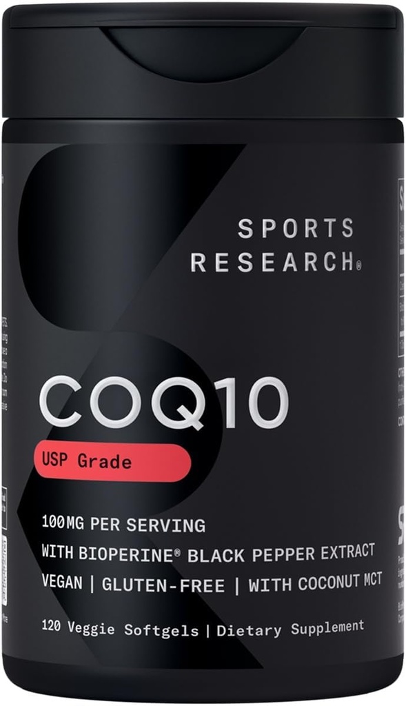 CoQ10 (100mg) Amélioration de l'huile et de la bioperine de noix de coco (poivre noir) pour une meilleure absorption.
