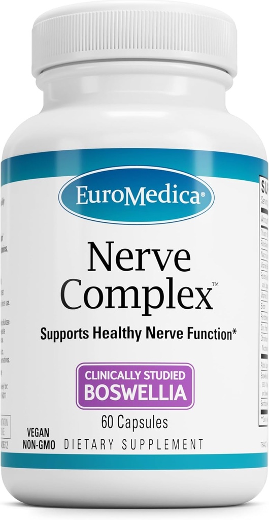 Complexe EuroMedica Nerve - Supplément à base de plantes avec vitamine bioactive B12 - Supplément de soutien de la santé circulatoire et nerveuse - Capsules végétaliennes avec Boswellia Serrata - 60 Capsules