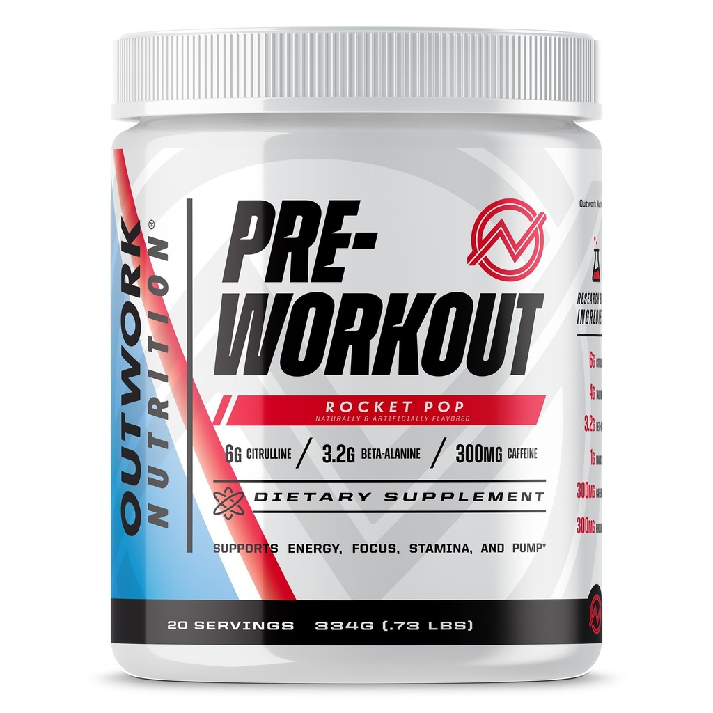 Outwork Nutrition Preworkout pour les hommes et les femmes - Nootropic Pre Workout Without Creatine, pré-out poudre avec Taurine Rhodiola Citrulline Malate Beta Alanine Caféine (Rocket Pop)