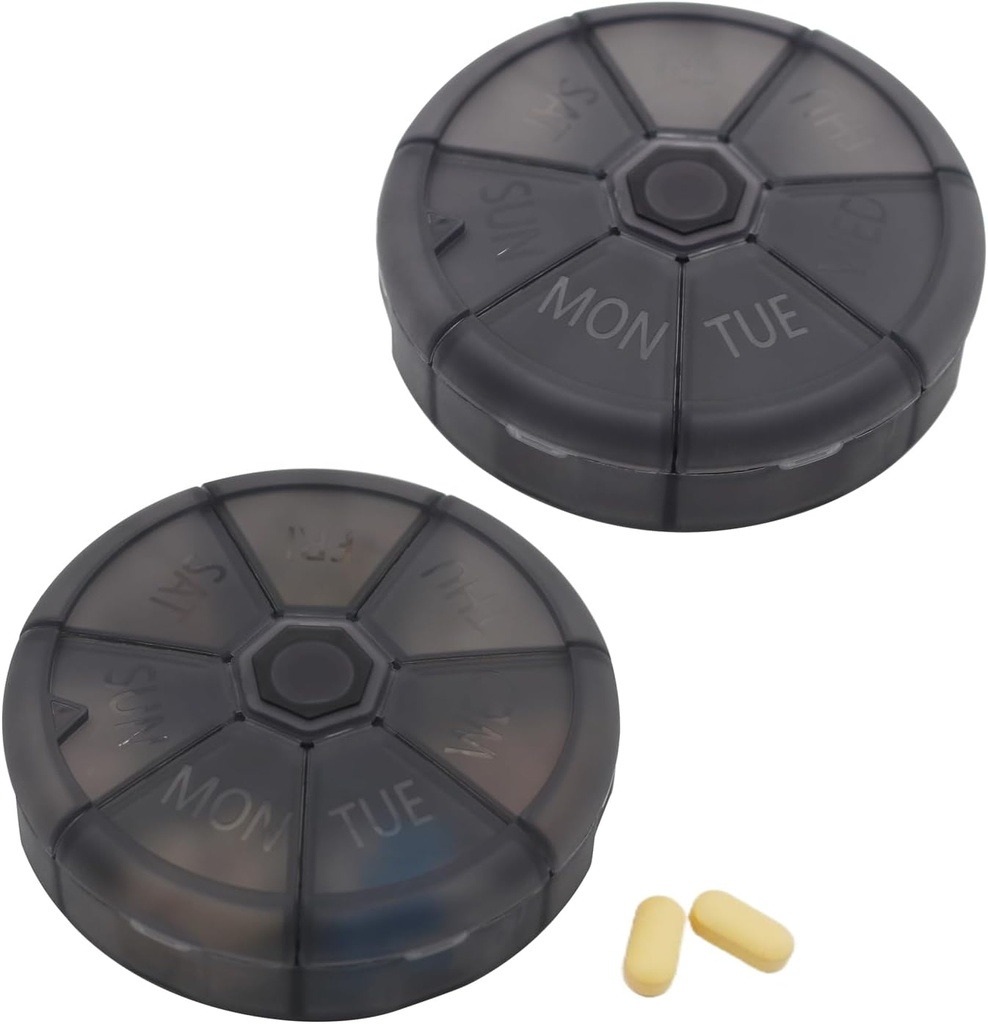 Portable Weekly Pill Organizer 7 Day Pills Container, Round Pill Case Travel Friendly, Daily Week Pill Rappel Case, vitamine sans BPA, supplément, huile de poisson, planificateur de médicaments (noir)