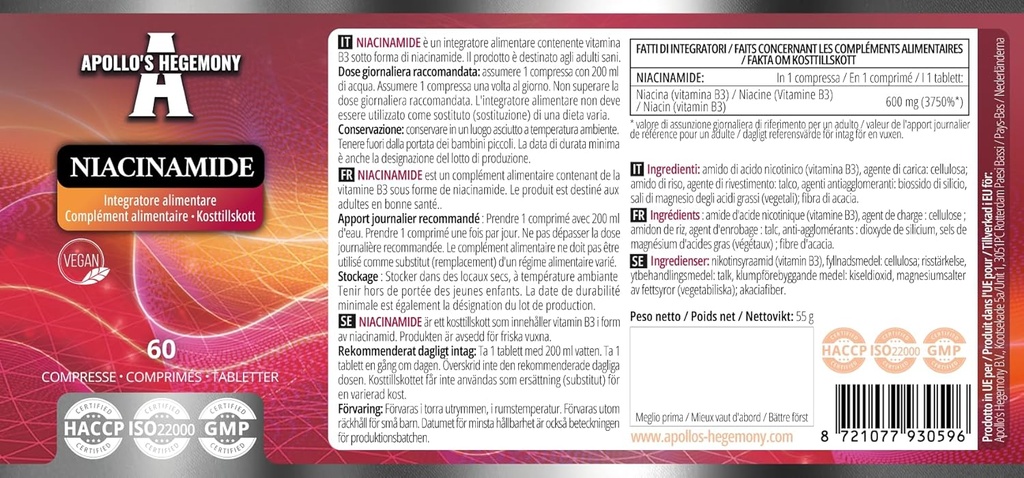 APOLLO'S HEGEMONY Niacinamide 500 mg par comprimé - 60 comprimés végétaliens - 2 mois d'approvisionnement - soutient l'énergie et la fonction nerveuse - supplément alimentaire de vitamine B3