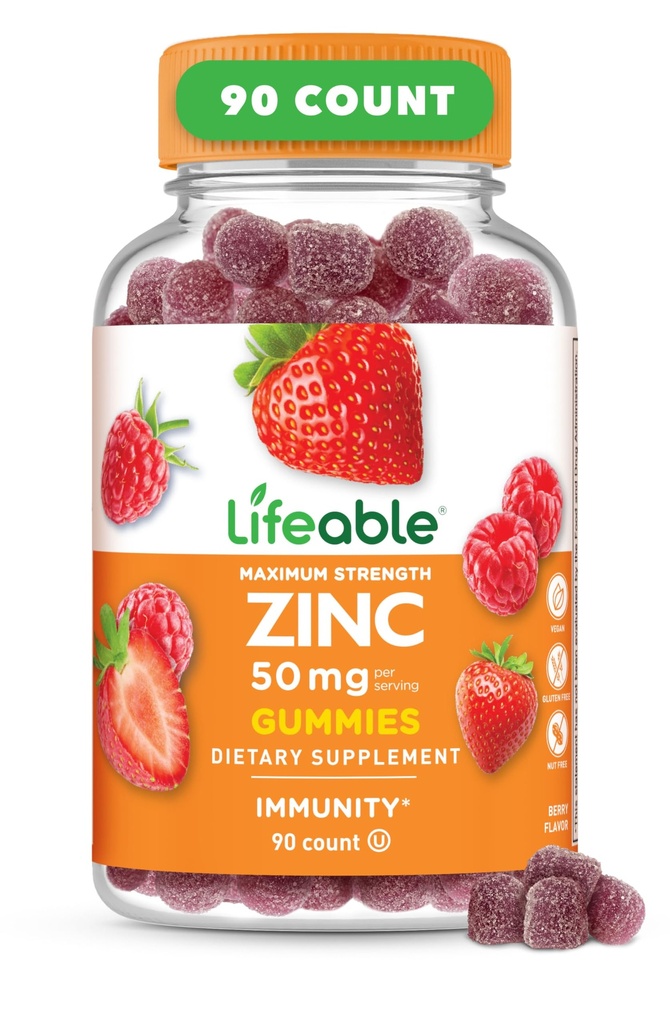 Gummées de zinc vivaces de 50mg de Grande Dégustation Naturelle Vitamines de zinc d'arôme de gluten, Végétarienne, Sans OGM Zinc Chewable de 90 Gummées