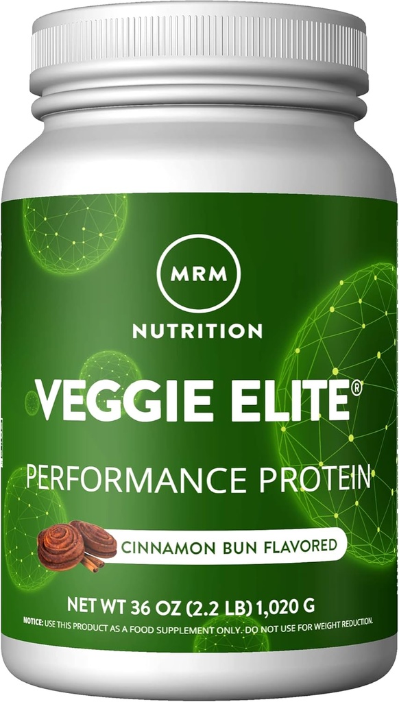 MRM Nutrition Veggie Elite Performance Protein | Cinnamon Bun Flavored| Plant-Based Protein| Easy to Digest | with BCAAs| Vegan + Gluten-Free | Clinically Tested| Digestive enzymes | 30 Servings