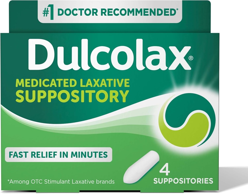 Dulcolax Stimulant Laxatif Suppositoires médicamentées, Prodictable & Effective Constipation Relief, Bisacodyl 10 mg, 4 Compte