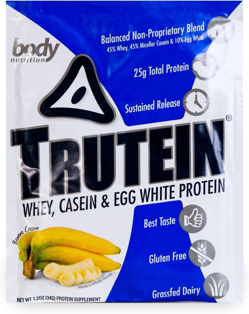 Nutrition corporelle Trutein Poudre à haute teneur en protéines : 45% de lactosérum, 45% de caséine, 10% de blanc d'oeuf, sans gluten, faible teneur en sodium, poudre de protéines de lactosérum herbeuse, supplément de gymnastique et petit déjeuner Shake, crème de banane, 34g échantillon