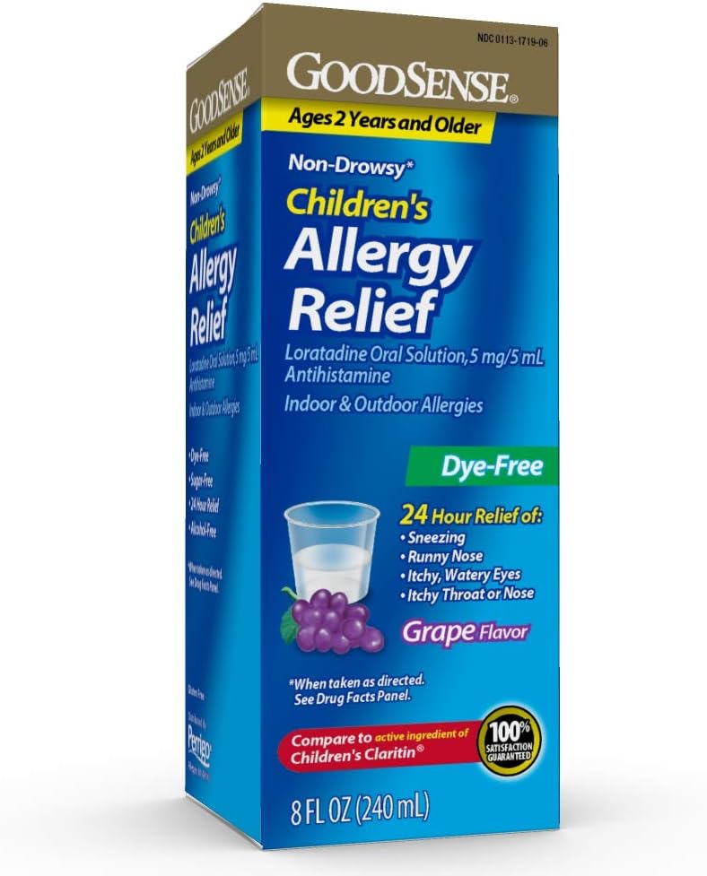 Médicaments antiallergiques pour enfants de bonne qualité, 24 heures Loratadine Solution orale 5 mg/5 mL, sans colorant, antihistaminique non somnolente, arômes de raisin, 2 ans et plus, 8 oz
