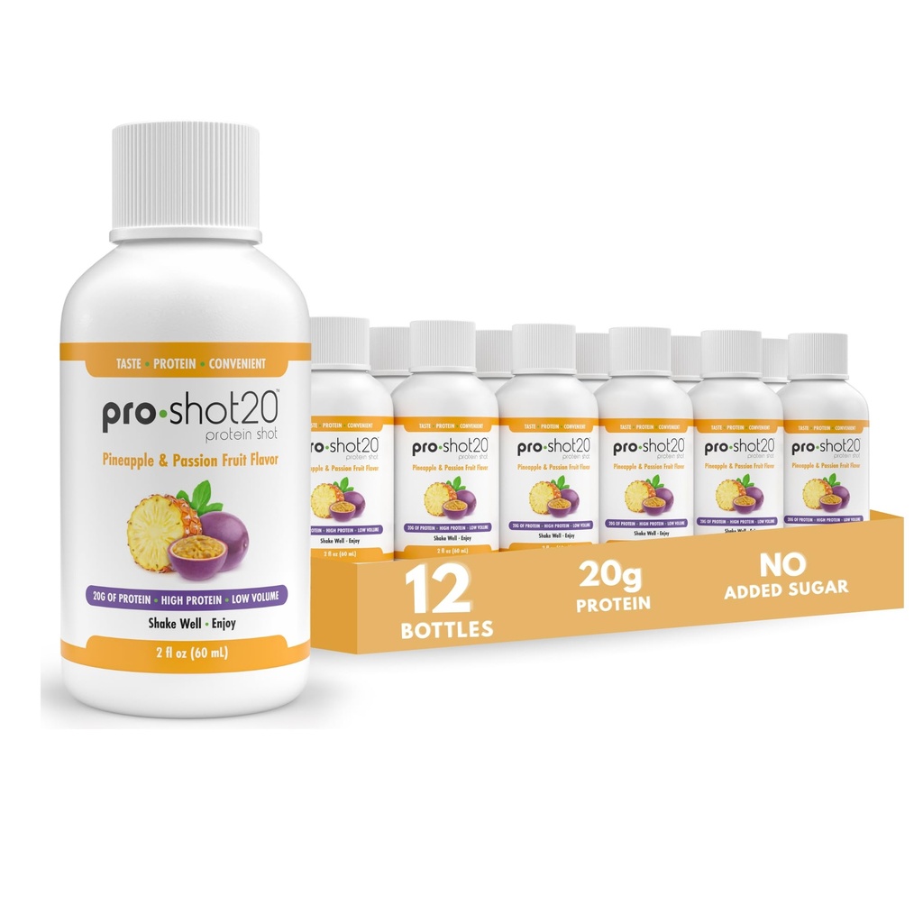 Pro-Shot20 Protein Shot Ananas & Passion Fruit Flavor, 60 mL, 12-Pack- 20g Whey Protéine et boisson de collagène hydrolysée- faible teneur en calories, faible teneur en glucides, sans gluten, sans aspartame, prêt à boire