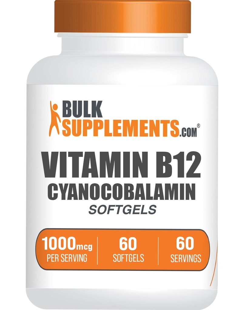 BulkSupplements.com Vitamine B12 Softgels - Supplément Vitamine B12, comme Cyanocobalamine - Sans gluten, 1 Softgel par portion (1000mcg), 60 Compte (paquet de 1)