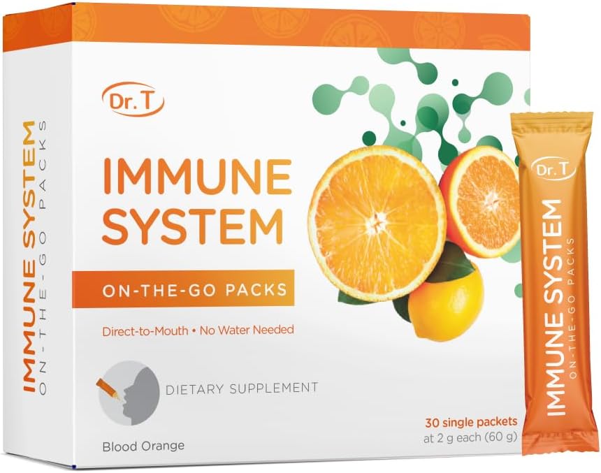 Dr. T-The-Go Immune System Packs – Poudre Directe à Mouth – Booster de Défense Naturelle, Protection contre le Stress Oxidatif, Supporte le bien-être général – 30 Packs simples pratiques