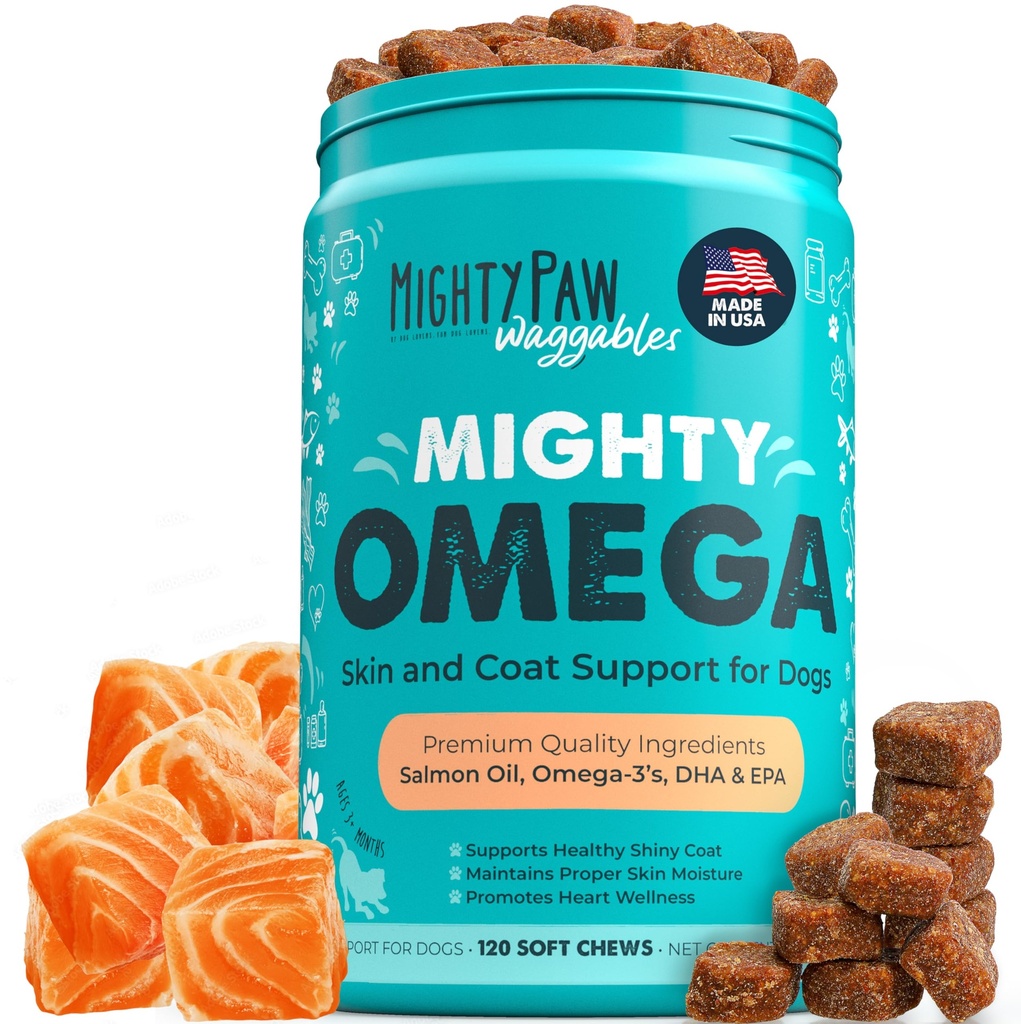 Mighty Paw Waggables Mighty Omega (Fabriqué aux États-Unis, 120 comtes) Supplément à la peau et au manteau de saumon. Huile de poisson pour chiens - DHA & EPA, Bacon Flavor