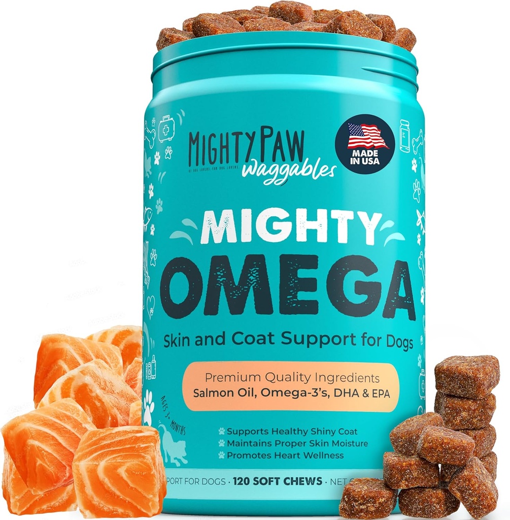 Mighty Paw Waggables Mighty Omega (Made in The USA, 120 Count) | Omega 3 Fish Oil Chew for Dogs. Salmon Flavor Skin and Coat Supplement. Soft Chew Fish Oil for Dogs - DHA & EPA, Bacon Flavor