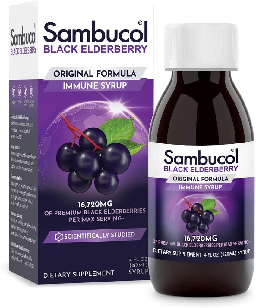 Sambucol Black Elderberry Syrup - Sambucus Elderberry Syrup, Black Elderberry Liquid, Immune Support, Elderberry Syrup for Kids and Adults, High Antioxidants, Gluten Free - Original Formula, 4 Fl Oz