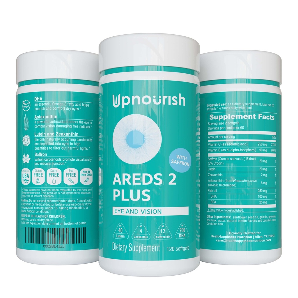 UpNourish AREDS 2 Plus supplément vitamine oculaire, formule sans zinc AREDS 2 avec lutéine, zéaxanthine, safran, astaxanthine et DHA - 120 softgels