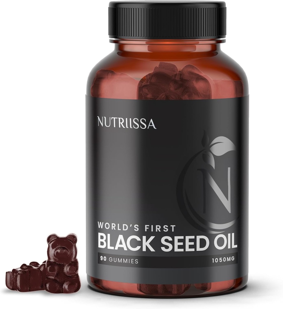 Nutriissa Black Seed Oil + Old Berry Gummies – Graines de cumin noir à pression froide Nigella Sativa Oil – EPEB certifié pour la pureté et la puissance – 90 Gummes végétaliens aromatisés aux bleuets