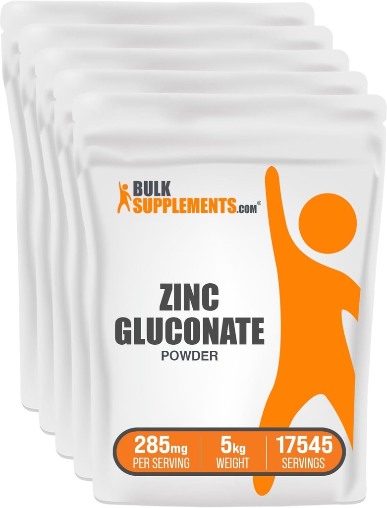 BulkSupplements.com Poudre de gluconate de zinc - Zinc 40mg, poudre de zinc - Supplément de zinc pour le soutien immunitaire - Sans gluten, 285mg par portion, 5kg (11 lbs) (paquet de 5)