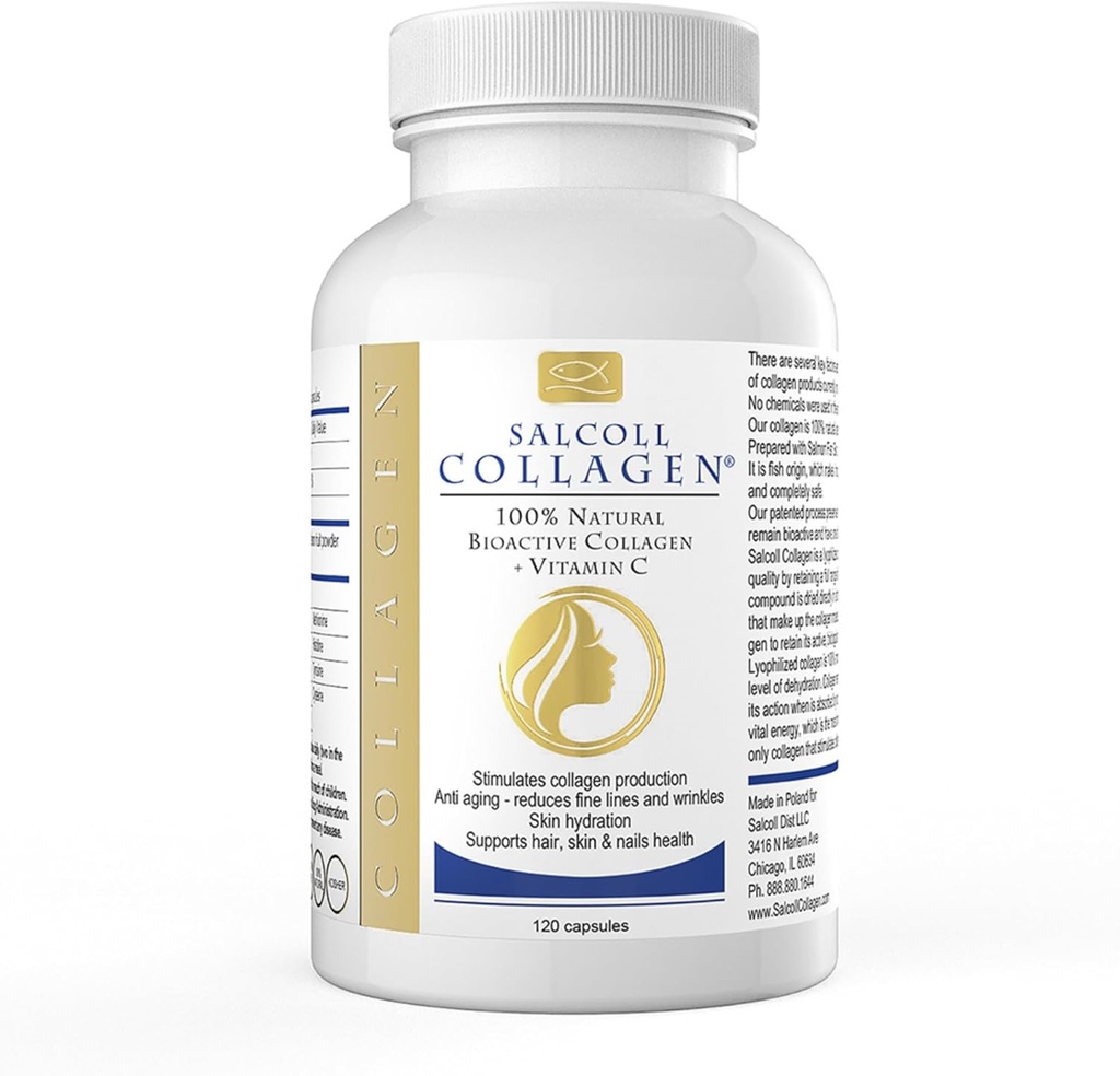 Salcoll Pure Marine Collagen Skin Capsules (120 Count) – Supplément anti-âge pour les femmes et les hommes, stimule le collagène, réduit les rides, soutient la peau, les cheveux et les ongles avec hydratation et nourissement
