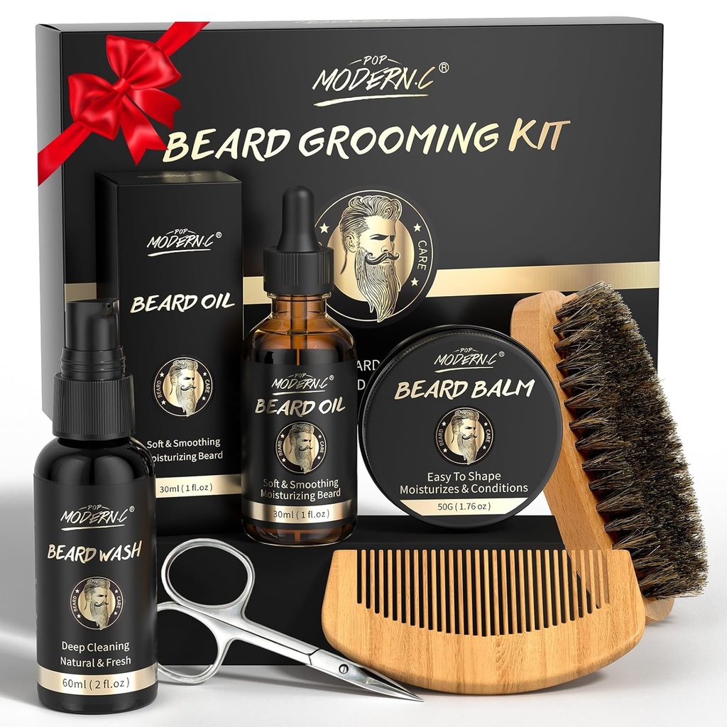 POP MODERN.C Beard Growth Kit Beard Grooming Kit 6pcs Beard Wash Shampoo Beard Oil Beard Balm Beard Comb Brush Scissors