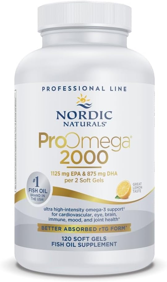 Nordic Naturals ProOmega 2000, Saveur de citron - 120 gels mous - 2150 mg Omega-3 - Huile de poisson ultra-haute puissance - EPA et DHA - favorise la santé du cerveau, des yeux, du cœur et des immunes - non-OGM - 60 portions
