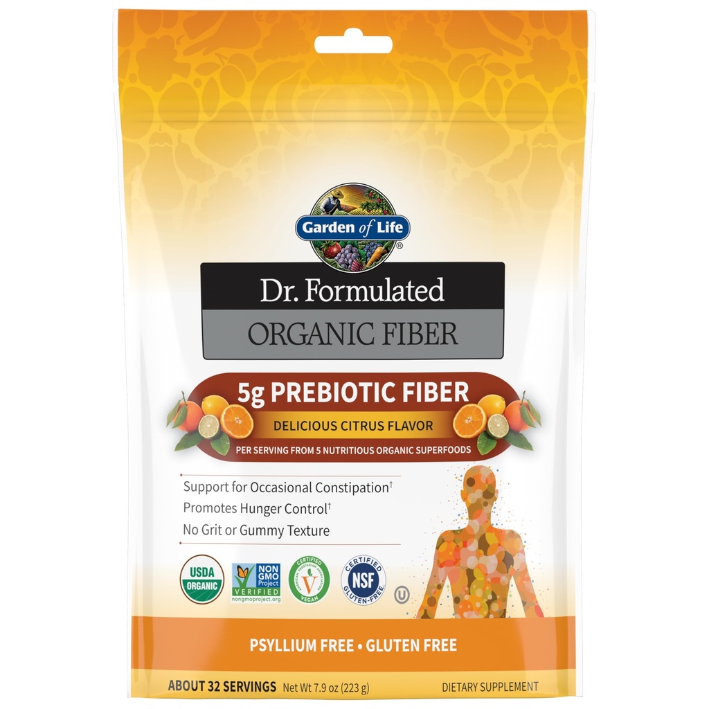 Jardin de la vie Dr formuled complément de fibre biologique en poudre agrumes, sans sucre, sans psyllium les superaliments prébiotiques, le soulagement de la constipation et le contrôle de la faim pour les hommes et les femmes, 32 portions